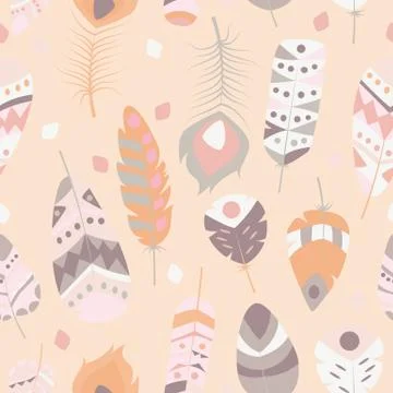 Seamless pattern with boho vintage tribal ethnic colorful vibrant feathers Stock Illustration
