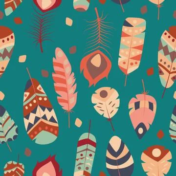 Seamless pattern with boho vintage tribal ethnic colorful vibrant feathers Stock Illustration