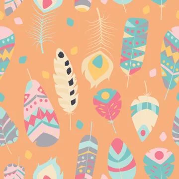 Seamless pattern with boho vintage tribal ethnic colorful vibrant feathers Stock Illustration
