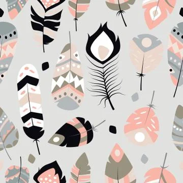 Seamless pattern with boho vintage tribal ethnic colorful vibrant feathers Stock Illustration