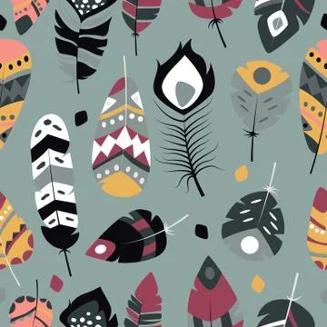 Seamless pattern with boho vintage tribal ethnic colorful vibrant feathers Illustrazione stock