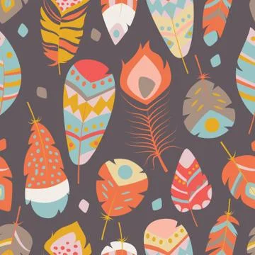 Seamless pattern with boho vintage tribal ethnic colorful vibrant feathers Stock Illustration