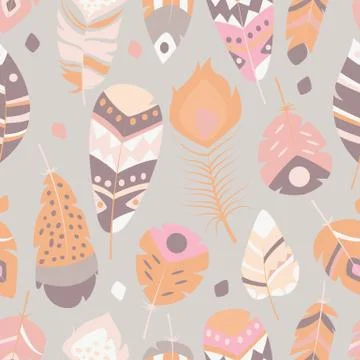 Seamless pattern with boho vintage tribal ethnic colorful vibrant feathers Stock Illustration