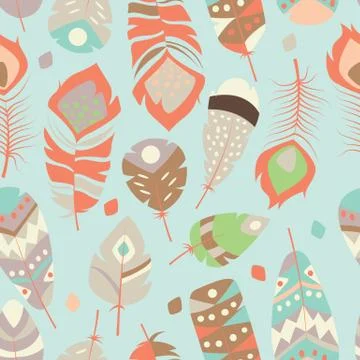 Seamless pattern with boho vintage tribal ethnic colorful vibrant feathers Stock Illustration