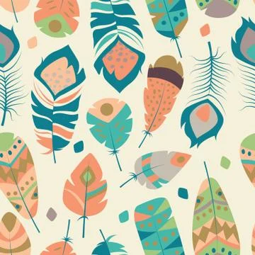 Seamless pattern with boho vintage tribal ethnic colorful vibrant feathers 스톡 일러스트
