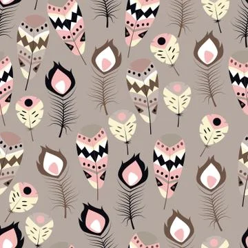 Seamless pattern with boho vintage tribal ethnic colorful vibrant feathers Stock Illustration