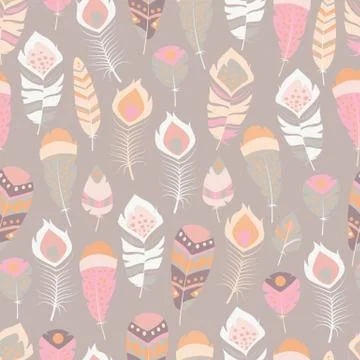 Seamless pattern with boho vintage tribal ethnic colorful vibrant feathers Stock Illustration