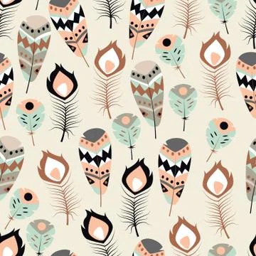 Seamless pattern with boho vintage tribal ethnic colorful vibrant feathers Stock Illustration