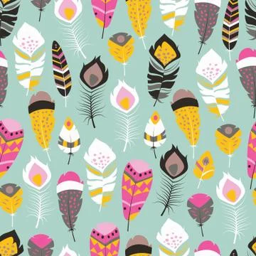 Seamless pattern with boho vintage tribal ethnic colorful vibrant feathers Stock Illustration
