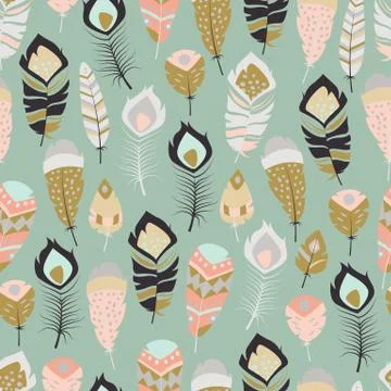 Seamless pattern with boho vintage tribal ethnic colorful vibrant feathers Stock Illustration