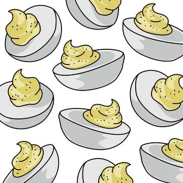 Seamless pattern of boiled eggs with mustard. Cartoon food icon Stock-Illustration