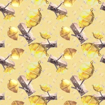 Seamless pattern Bollards yellow buoy ropes stone Watercolor illustration Stock Illustration