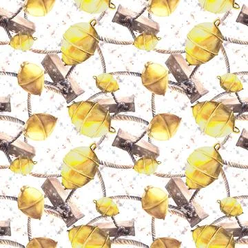 Seamless pattern Bollards yellow buoys ropes stone Watercolor illustration .. Stock Illustration