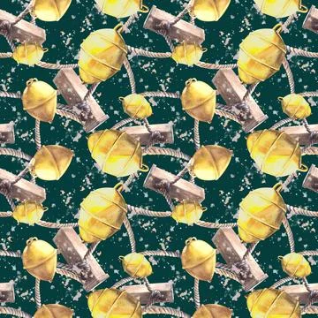 Seamless pattern Bollards yellow buoys ropes stone Watercolor illustration Stock Illustration