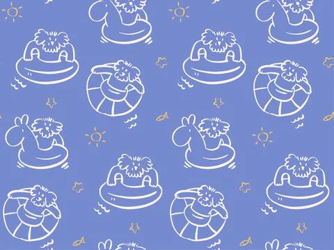 Seamless pattern with Bolognese dog on pool floats, fun hand drawn summer dog Stock Illustration