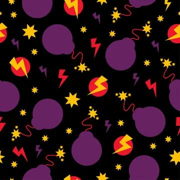 Seamless pattern with bombs, explosions and fireworks. Stock Illustration