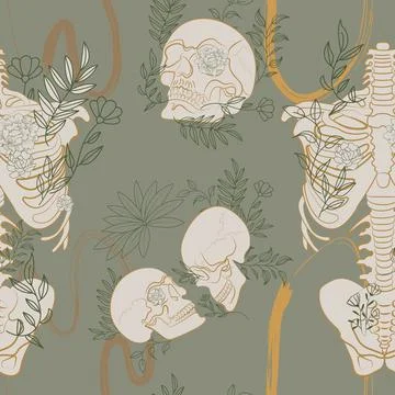 Seamless Pattern with bones, skull and plant Stock Illustration