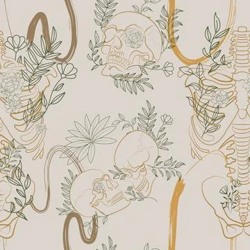 Seamless Pattern with bones, skull and plant Illustrazione stock