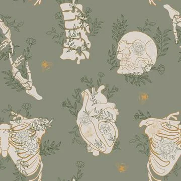 Seamless Pattern with bones, skull and plant Stock Illustration