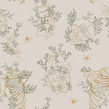 Seamless Pattern with bones, skull and plant Illustrazione stock