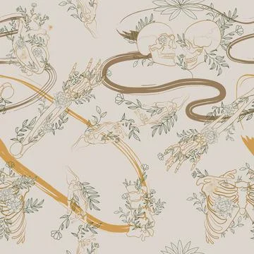 Seamless Pattern with bones, skull and plant Stock Illustration