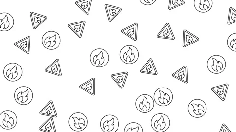 Seamless pattern of bonfire and flame icons in black and white line art style Video stock 345539337
