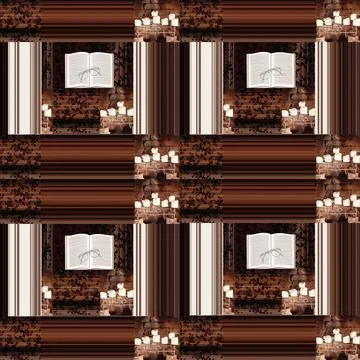 Seamless Pattern Of Book, Glasses, Candles And Scrolls In Contrasting Brown A Illustrazione stock