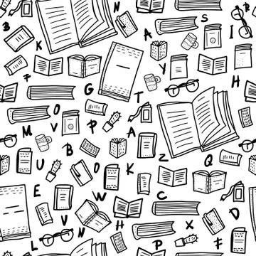 Seamless pattern of book set in doodle style. Sketch symbols of reading enadl Illustrazione stock