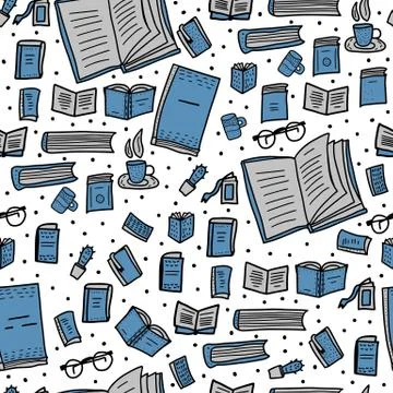 Seamless pattern of book set in doodle style. Sketch symbols of reading enadl Illustrazione stock