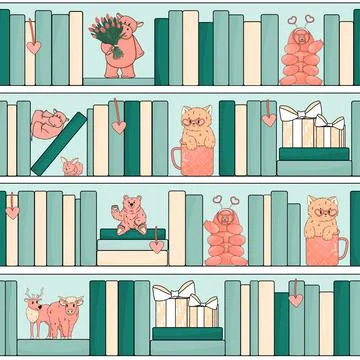 Seamless pattern of Bookcase with pink animals toys. Hippo is on his back, an Stock Illustration