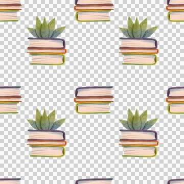 Seamless pattern with books and flowers hand drawn in watercolor style Stock Illustration
