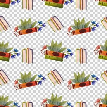 Seamless pattern with books and flowers hand drawn in watercolor style Stock Illustration