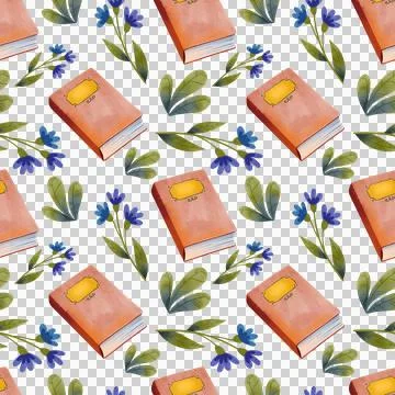 Seamless pattern with books and flowers hand drawn in watercolor style Illustrazione stock