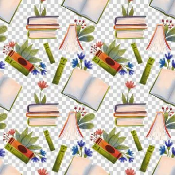 Seamless pattern with books and flowers hand drawn in watercolor style Stock Illustration