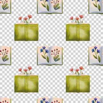 Seamless pattern with books and flowers hand drawn in watercolor style Illustrazione stock