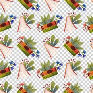 Seamless pattern with books and flowers hand drawn in watercolor style Stock Illustration