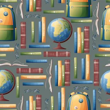 Seamless pattern with books, backpack and globe. School texture. Great for .. Stock Illustration