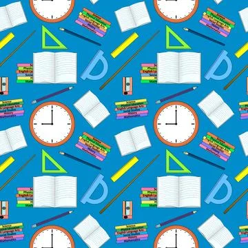 Seamless pattern with books, clocks, pencils, rulers, sharpeners and subjec.. 스톡 일러스트