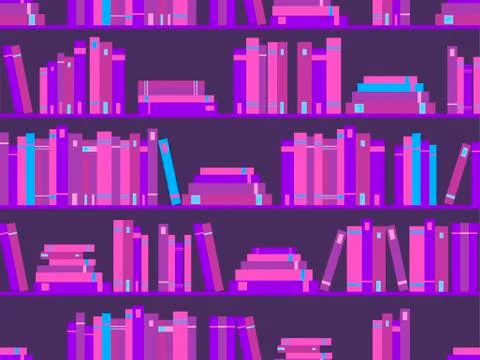 Seamless pattern with books, library bookshelf. Purple color. Synthwave, new  Stock Illustration