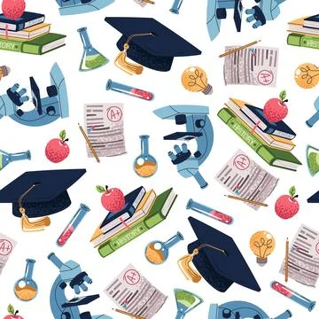 Seamless pattern with books, microscope, test tubes and academic cap. Science Stock Illustration