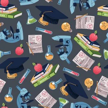 Seamless pattern with books, microscope, test tubes and academic cap. Science 库存插图