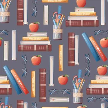 Seamless pattern with books, stationery, apple. School texture. Great for fab Stock Illustration