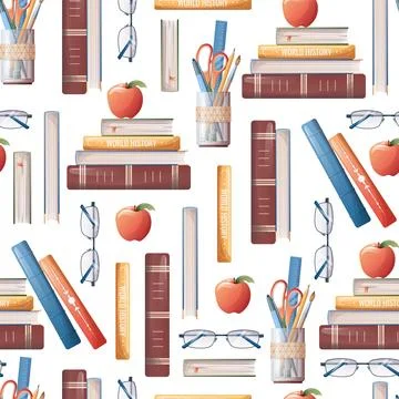 Seamless pattern with books, stationery, apple. School texture. Great for fab Stock Illustration