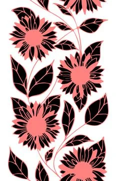 Seamless pattern border of large black-pink flowers on a light background Illustrazione stock