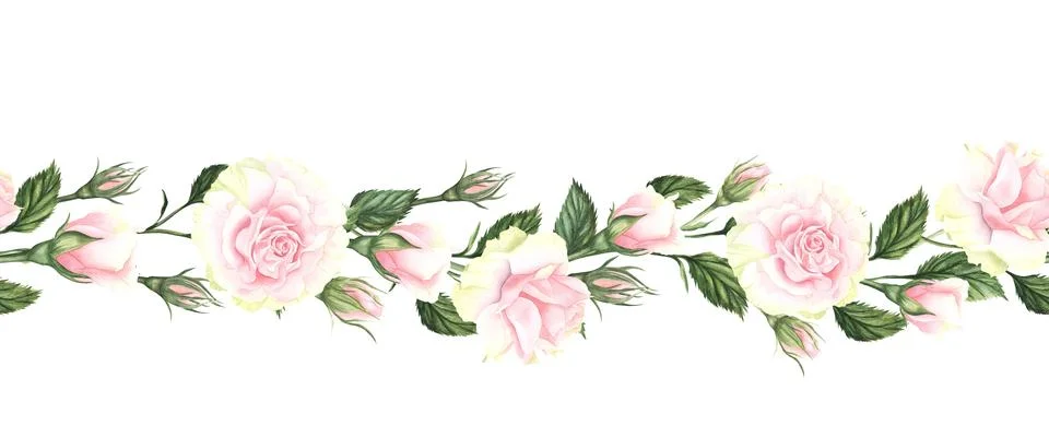 Seamless pattern border with pink flowers, leaves, vintage watercolor floral Stock Illustration