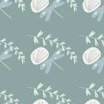 Seamless pattern with botanic elements: twigs, damselfly, blowball. In pastel Stock Illustration