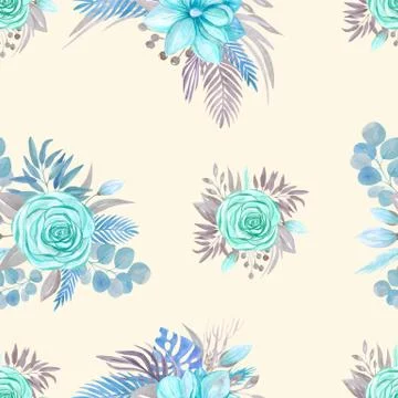 Seamless pattern Botanical arrangement, blooming Magnolia, rose on a beige Stock Illustration
