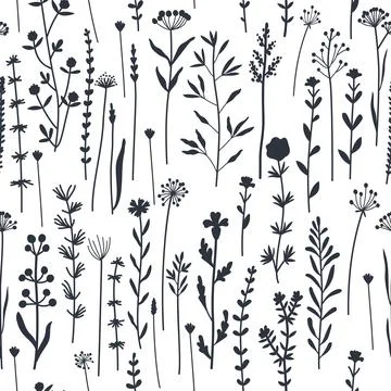 Seamless pattern of botanical elements silhouettes. Wild plants Stock Illustration