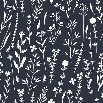 Seamless pattern of botanical elements silhouettes. Wild plants Stock Illustration