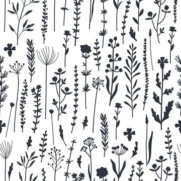 Seamless pattern of botanical elements silhouettes. Wild plants Stock Illustration